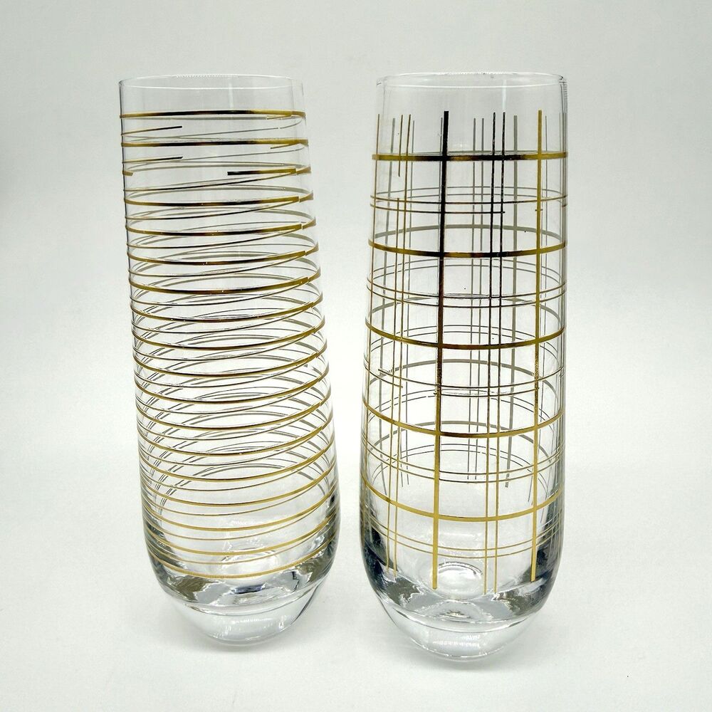 Vintage Stemless Champagne Flutes Glasses Mid-Century MCM Gold Barware Atomic